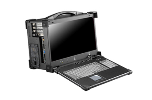 Ruggedized briefcase style portable computer with dual-core and quad-core  CP, PCI-Express expansion slot, removable disk drive, and spill-proof  illuminated keyboard. MPC-1000 product photos.